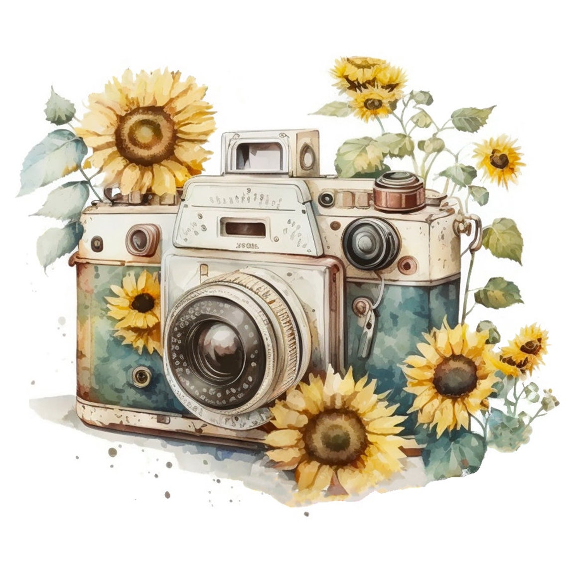 Camera With Sunflowers 100 Cotton Small Fabric Panel Square Etsy