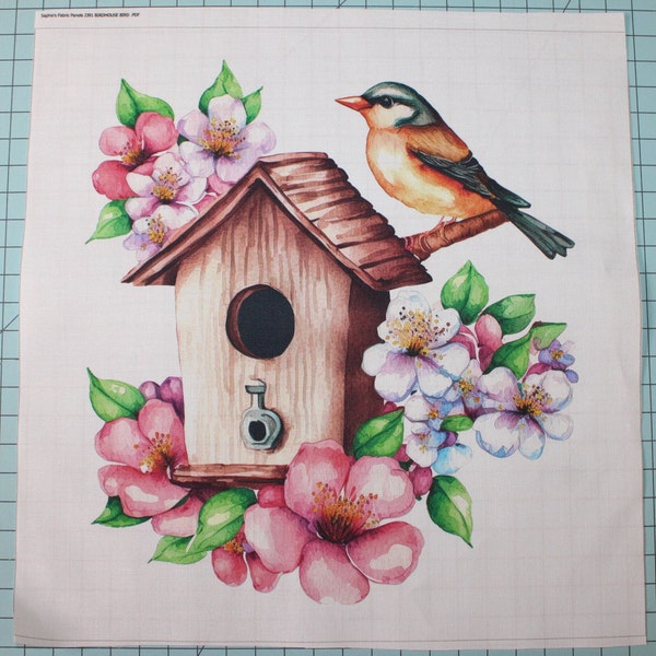 Bird and Birdhouse Floral 100% Cotton Fabric Panel Square - Small Sewing Quilting Block J391