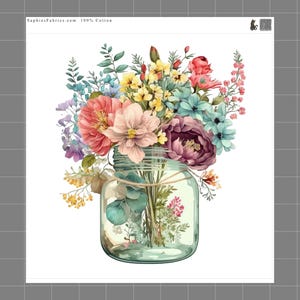 Flowers in Jar 100% Cotton Fabric Panel Block Sewing Quilting Square C320