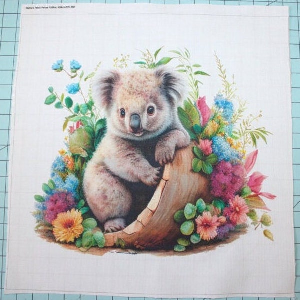 Floral Koala Bear 100% Cotton Fabric Panel Square - Small Quilting Sewing Block D79