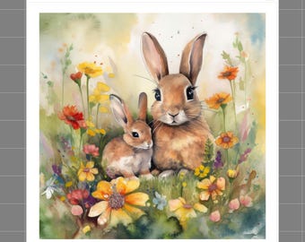 Puede incluir: Ilustración en acuarela de dos conejos marrones entre coloridas flores silvestres. La imagen presenta flores amarillas, naranjas y rosas, con el texto "SophiesFabrics.com 100% Cotton" en la parte superior. La obra tiene un estilo suave y pictórico.