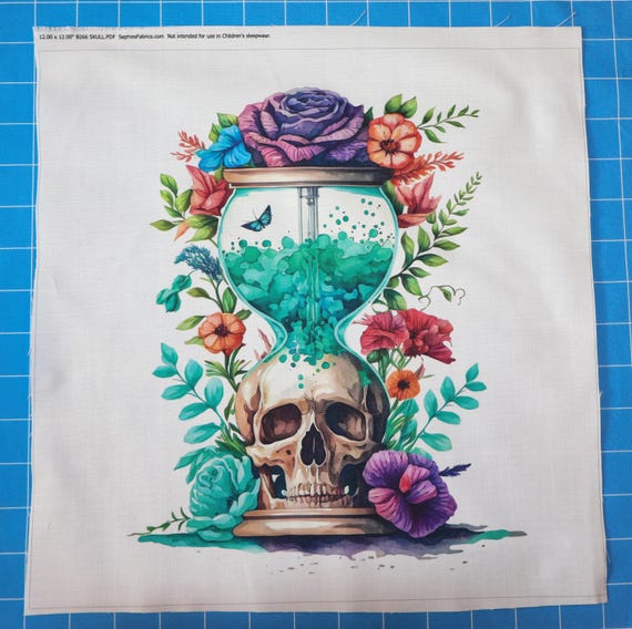 Hourglass Skull 100% Cotton Fabric Panel Block | Small