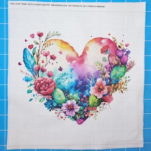 Heart Floral 100% Cotton Fabric Panel Block | Small Quilting Sewing Square A260