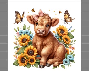 May include: A digital illustration of a fluffy brown calf with a pink bow, surrounded by sunflowers, butterflies, and blue flowers. The text "SophiesFabrics.com 100% Cotton" is in the top left corner.