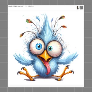 May include: A cartoon illustration of a blue bird with large, bulging eyes and a long pink tongue. The bird has orange feet and a yellow beak. The text "SaphiesFabrics.com 100% Cotton" is at the top.