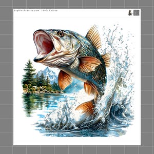 May include: A fabric panel featuring a large bass fish jumping out of water with its mouth open, creating a splash. The background shows a lake, green pine trees, and snow-capped mountains. Text at the top reads SaphiesFabrics.com 100% Cotton.