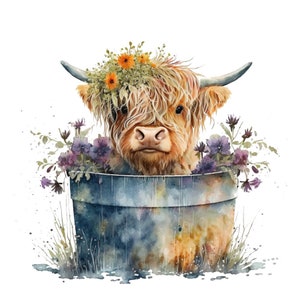 Floral Highland Cow in Bucket 100% Cotton Fabric Panel Square - Etsy