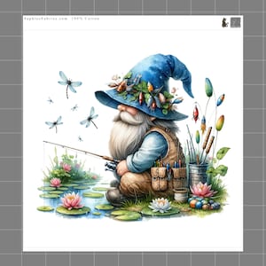 Fishing Gnome 100% Cotton Fabric Panel Block Quilt Square M717