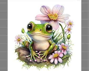 Floral Frog 100% Cotton Fabric Panel Block Quilt Square G48