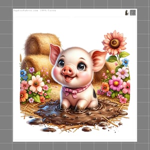 Pig in Mud 100% Cotton Fabric Panel Block | Small Quilting Sewing Square P1403