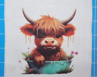 Baby Highland Cow 100% Cotton Fabric Panel Block | Small Sewing Quilting Square G962