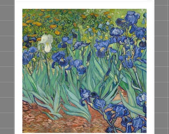 May include: A square piece of 100% cotton fabric featuring a printed reproduction of Vincent van Gogh's Irises painting. The design displays vibrant blue irises with long green leaves, a single white iris, and orange flowers against a brown earth.