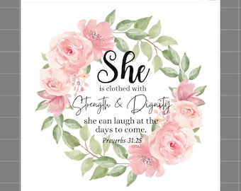 Proverbs 31:25 Faith / Scripture 100% Cotton Fabric Panel Block Quilt Square M5058