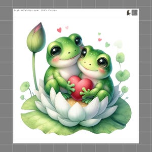 May include: A whimsical illustration features two green frogs with large eyes, embracing a red heart while sitting on a white lotus flower. The image includes a closed lotus bud and small green heart shapes. Text at the top reads "SophiesFabrics.com 100% Cotton".