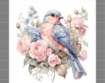 Floral Bluebird 100% Cotton Fabric Panel Block Quilt Square Q5015