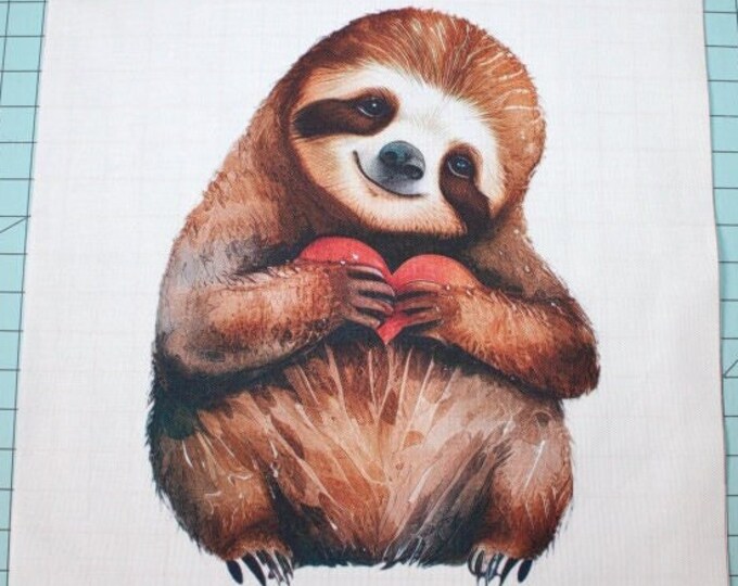 Sloth With Heart 100% Cotton Fabric Panel Square Small Sewing Quilting ...