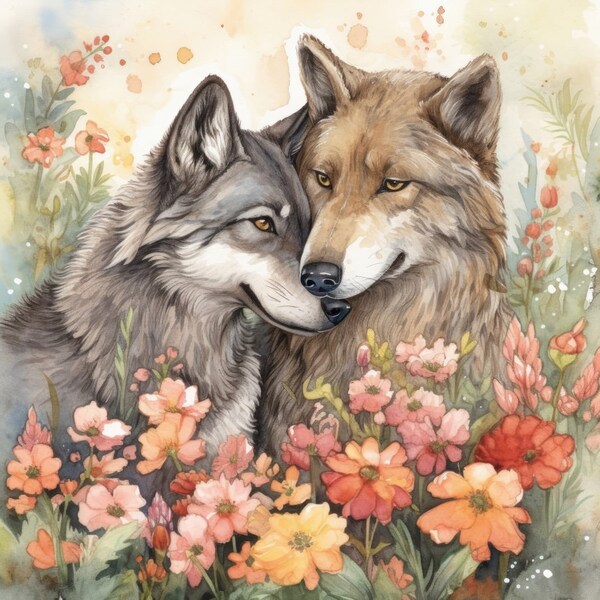 Wolves Wolf in Flowers 100% Cotton Fabric Panel Square - Small Quilting Sewing Block