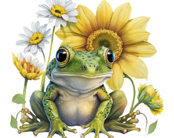 Frog holding a sunflower, floral frog Greeting Card for Sale by