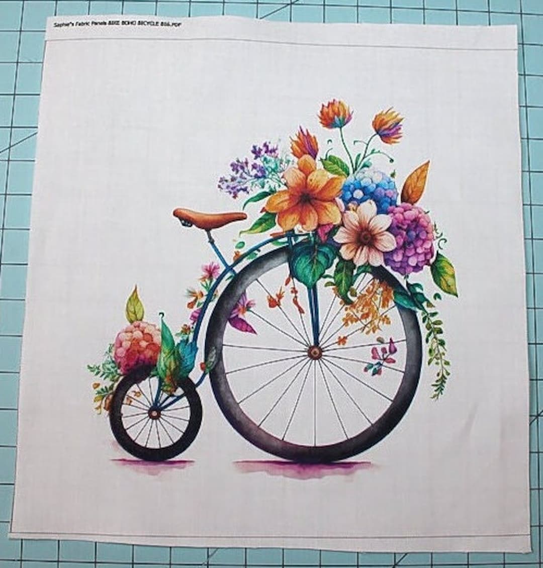 Boho Bicycle Floral 100% Cotton Fabric Panel Square Small Quilting ...