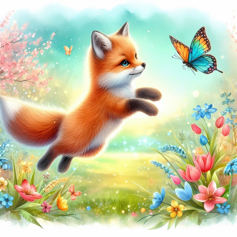 Fantasy Fox & Butterfly 100% Cotton Fabric Panel Square Small Sewing ...