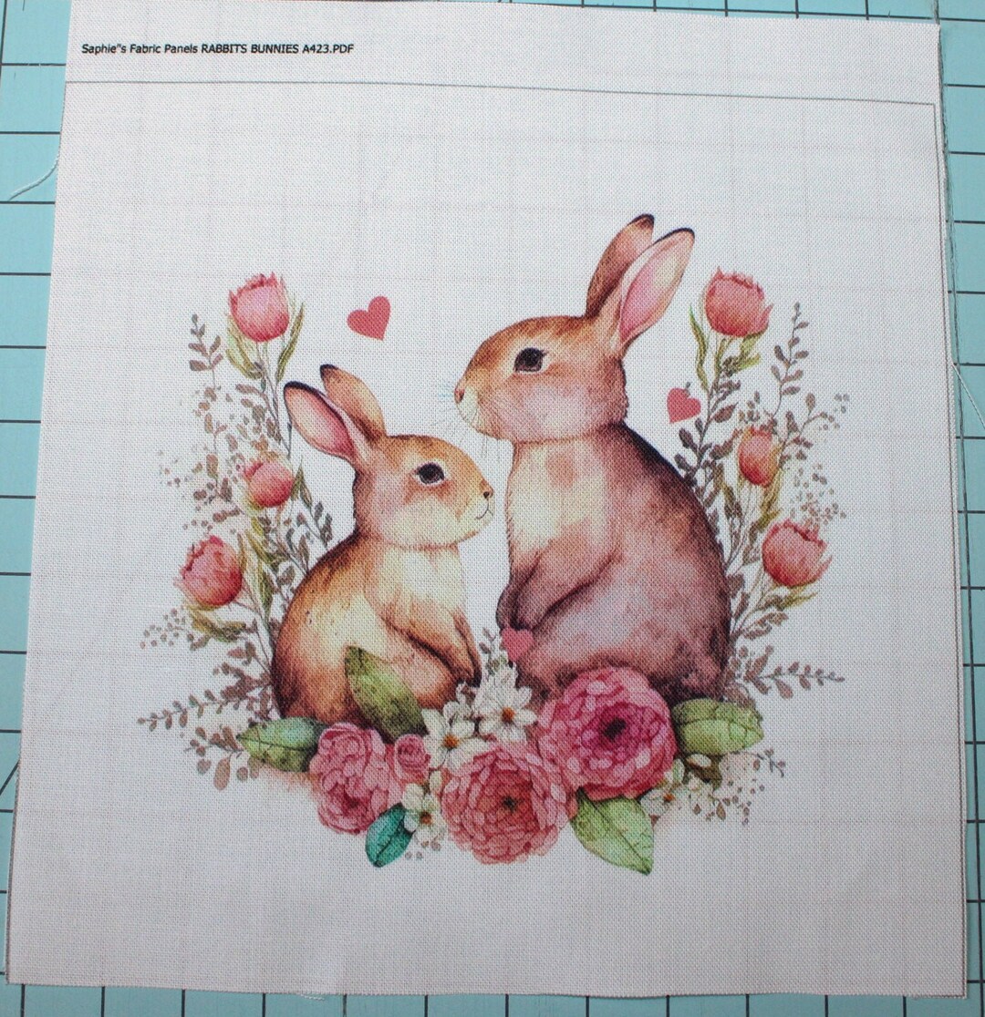 Bunnies Rabbits Floral 100% Cotton Fabric Panel Square Small Quilting ...