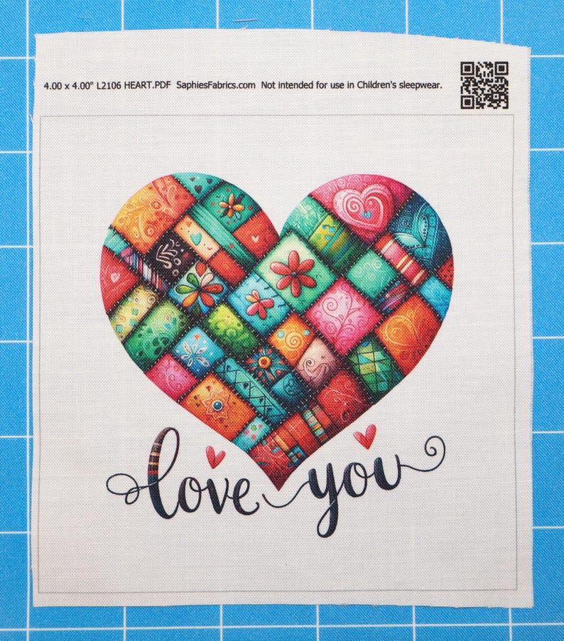 Love You Patchwork Heart 100% Cotton Fabric Panel Block Quilt Square ...