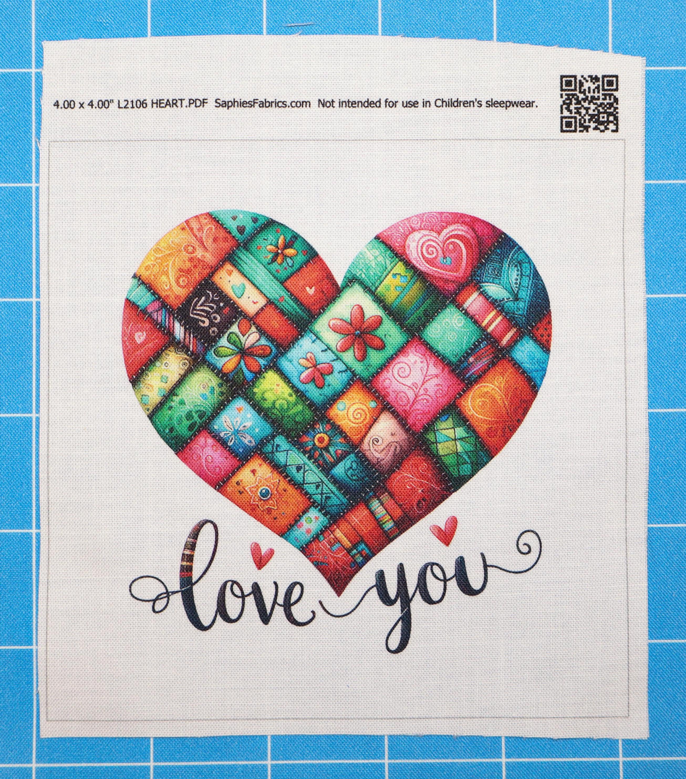Love You Patchwork Heart 100% Cotton Fabric Panel Block Quilt Square ...
