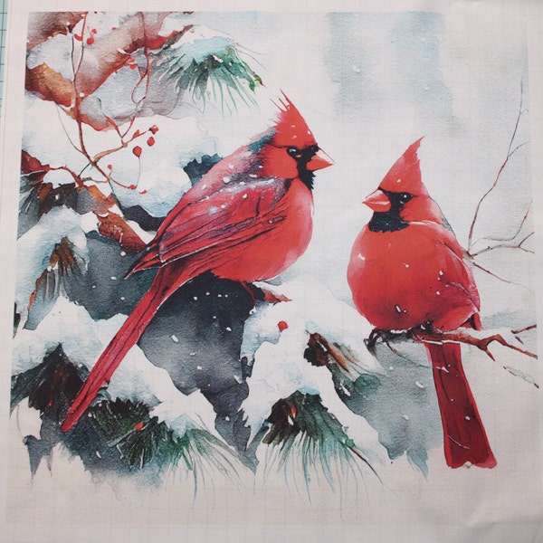 Birds Cardinals on Branch Winter 100% Cotton Fabric Panel Square - Small Quilting Sewing Panel Block A229