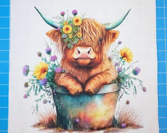 Highland Cow in Bucket 100% Cotton Fabric Panel Block | Small Sewing Quilting Square A217