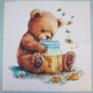 Teddy Bear With Honey 100% Cotton Fabric Panel Square - Small Quilting Sewing Panel G132