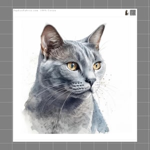 May include: A watercolor illustration of a grey cat with amber eyes on a white background. The text SaphiesFabrics.com 100% Cotton is printed at the top left. The cat has detailed fur texture, long whiskers, and pointed ears, rendered in shades of grey.