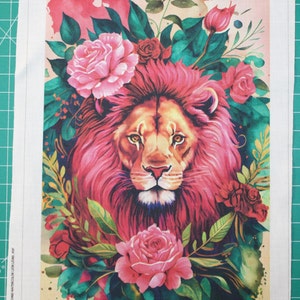 Watercolor Pink Mane Lion Flowers Floral 100% Cotton Fabric Panel ~ Quilting Sewing Fabric Unique Panel D460