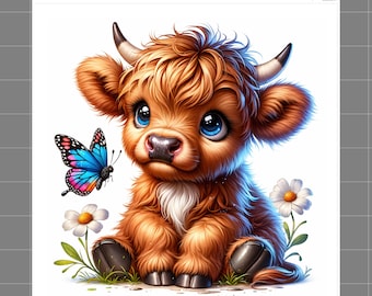May include: A digital illustration of a fluffy, brown Highland calf with large blue eyes, small horns, and a white patch of fur. A colorful butterfly and two daisies are also featured. The text "SophiesFabrics.com 100% Cotton" is in the top left corner.