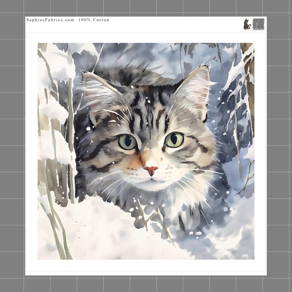 Snowy Cat 100% Cotton Fabric Panel Block Quilt Square N1056