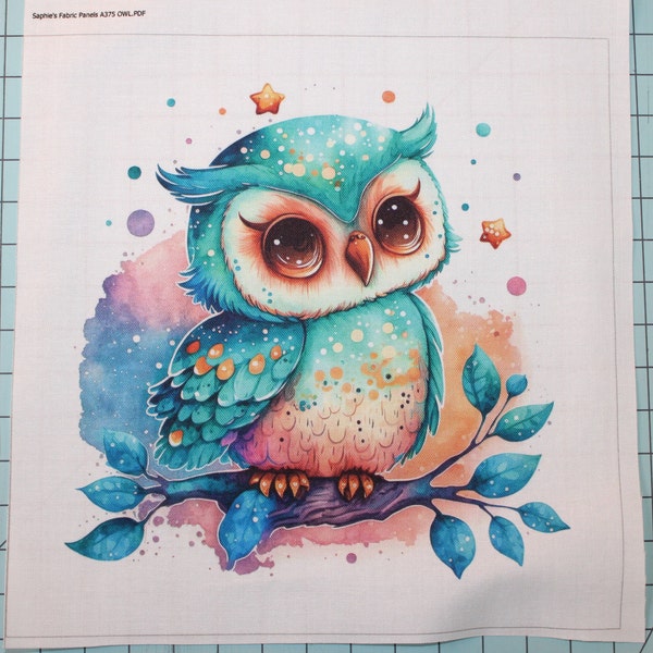 Watercolor Owl 100% Cotton Fabric Panel Square - Small Quilting Sewing Block A375