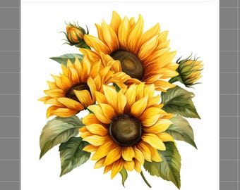 May include: A fabric print featuring a cluster of three vibrant yellow sunflowers with dark brown centers, two smaller sunflower buds, and several green leaves. The top left corner displays the text SaphiesFabrics.com 100% Cotton.