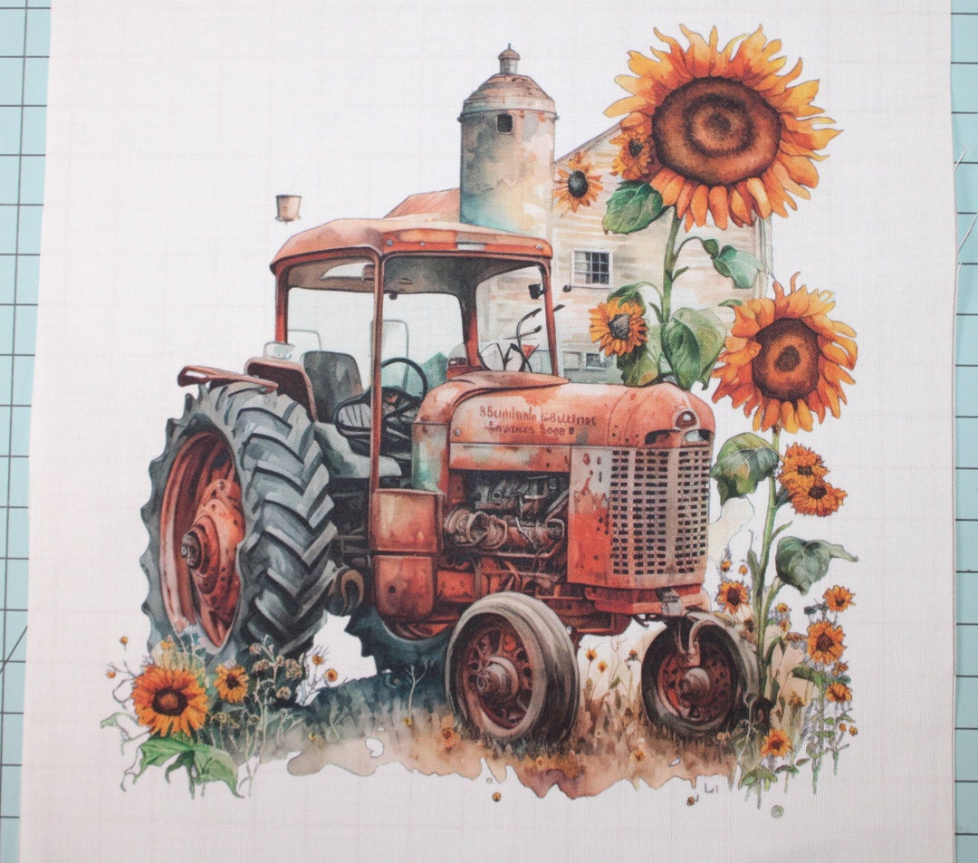 Sunflower Tractor 100% Cotton Fabric Panel Block Small Sewing Quilting ...