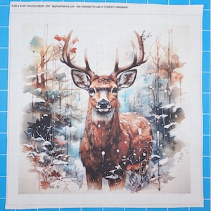 Winter Deer / Buck 100% Cotton Fabric Panel Block | Small Quilting Sewing Square J802