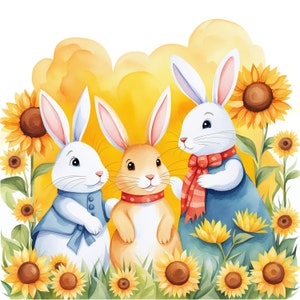 Sunflower Rabbits 100% Cotton Fabric Panel Square - Small Quilting Sewing Block