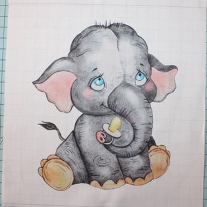 Baby Elephant Watercolor 100% Cotton Fabric Panel Square ~ Small Sewing Panel D490