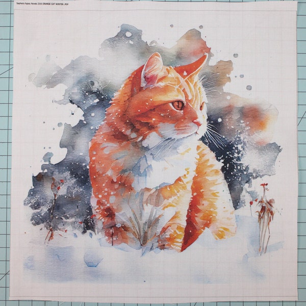 Winter Snowy Orange Cat 100% Cotton Fabric Panel Square - Small Quilting Sewing Block J316