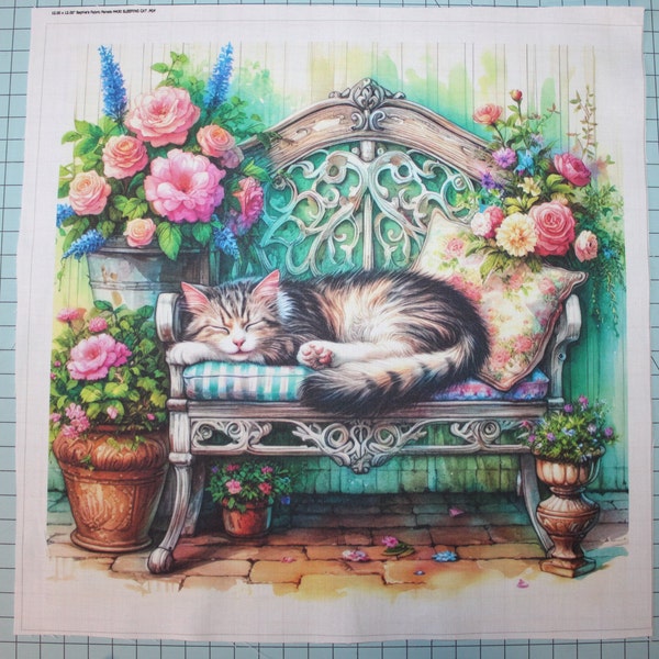 Sleeping Cat on Bench 100% Cotton Fabric Panel Square - Small Sewing Quilting Block M430