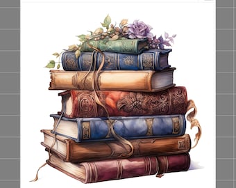 May include: A stack of six vintage-style books with ornate covers in shades of blue, brown, and red, topped with a purple rose and green leaves. The text SaphiesFabrics.com 100% Cotton is printed at the top left. A thin ribbon hangs from the books.