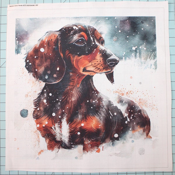 Snowy Dachshund Dog 100% Cotton Fabric Panel Square - Small Quilting Sewing Block A372