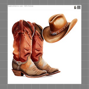 Cowboy Boots Hat 100% Cotton Fabric Panel Block Sewing Quilting Square H5170