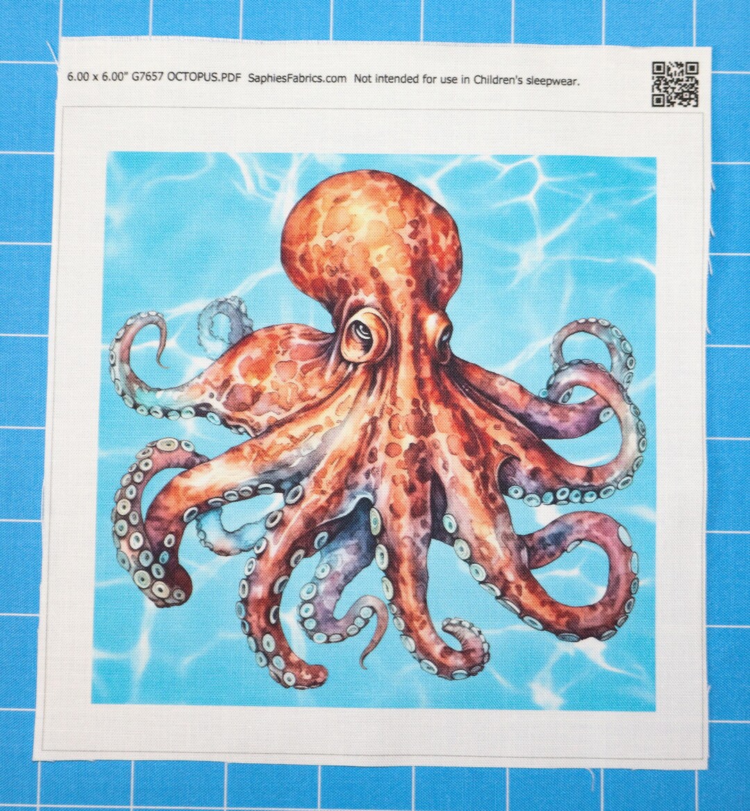 Octopus Fa Ric Panel Octopus 100% Cotton Fabric Panel Block | Small Sewing Quilting Square ...