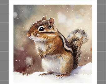May include: A watercolor illustration of a brown and white chipmunk standing in the snow. The chipmunk has dark stripes along its back and head. The background is a soft, blurred brown with white specks representing falling snow. Text reads SaphiesFabrics.com 100% Cotton.