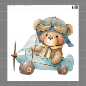 Airplane Teddy Bear 100% Cotton Fabric Panel Block | Small Quilting Sewing Square E134