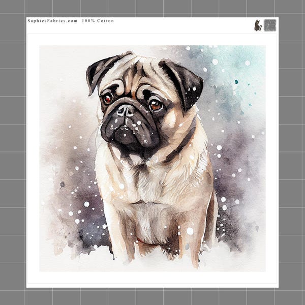 Winter Pug 100% Cotton Fabric Panel Block Quilt Square J261