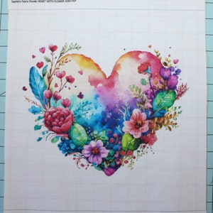 Watercolor Heart Floral 100% Cotton Fabric Panel Square - Small Sewing Block A260